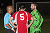 Referee, Alex(left), Rodolfo Marin of Tortorella Pools(center) and Jose Almonsa Hampton FC deciding who will kick first, Tortorella did