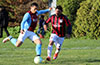 Jorge Alvarado of Maidstone(left) about to blast the ball past Cesar Metamarot of Sag Harbro United