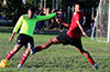 Miguel Reyes of Southampton FC blasting the ball before a East Hampton SC forward can block it