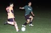 Diego Guachambo of Bayberry trying to block the kick taken by Antonio Padilla of Maidstone