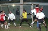 Luis Vas(#9) of Tortorella missing the header which lands in front of the Bateman goal