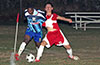 Winston Reid(left) of Bateman Painting and Esteban Uchupaillie of Tortorella Pools fighting for the ball