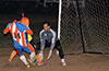 Cory DeRosa of Maidstone about to pick up the ball that Mario Olaya is protecting from Cesar Correa(#14) of The Hideaway