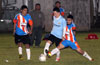 Marco Bautista of The Hideaway(right) about to steal the ball from Esteban Uchupaille of Bateman Painting