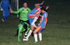Action in front of the Hampton FC goal(green), The Hideaway(white-blue)