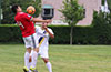 Francisco Bonailla of Sag Harbor chest trapping the ball in front of Juan Zuluaga of Hampton Construction