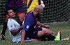 Jose Gutierrez of FC Tuxpan(left) holding Mathew Ramirez of Maidstone Market and the ball