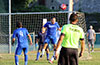 by Darwin Inamagus of Tortorella Pools heading the ball out of danger