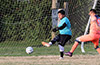 Aldo Zhagui of Sachos United blasting the ball away from Julian Valencia of FC Tuxpan