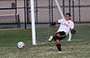 Christian Loja of Liga de Gulag hitting the ball up the field